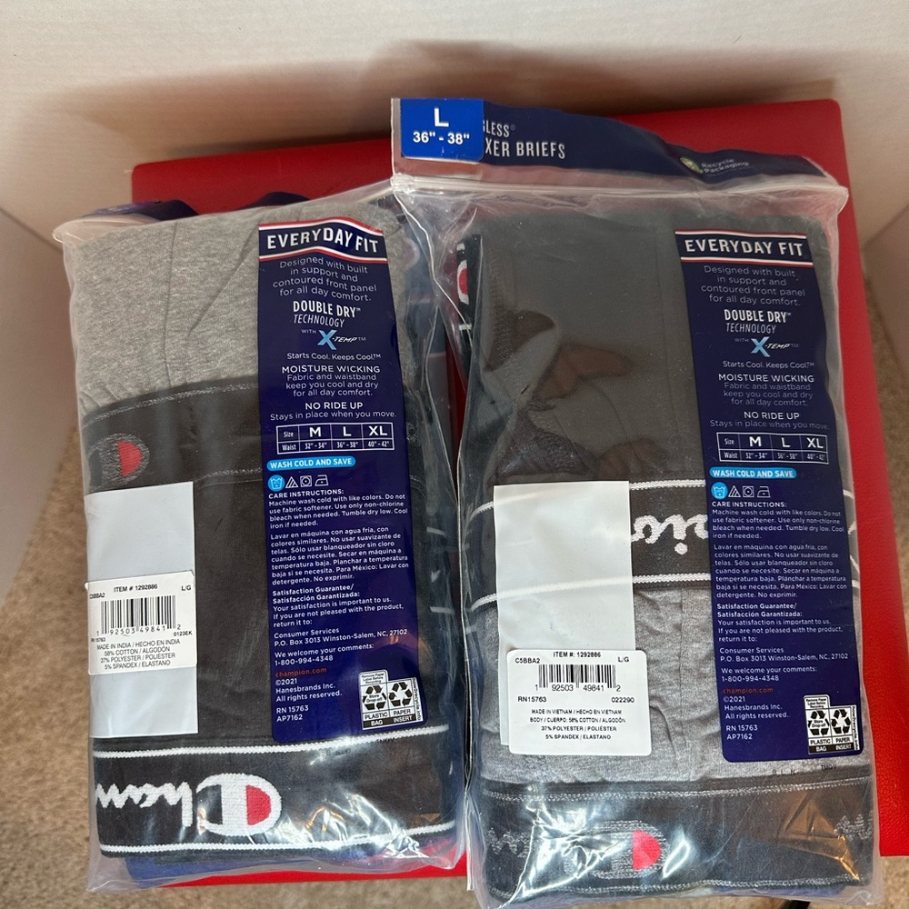 (2) Champion Elite Men's Boxer Briefs - Black, Gray, Blue size Large New in Bag - Picture 4 of 9